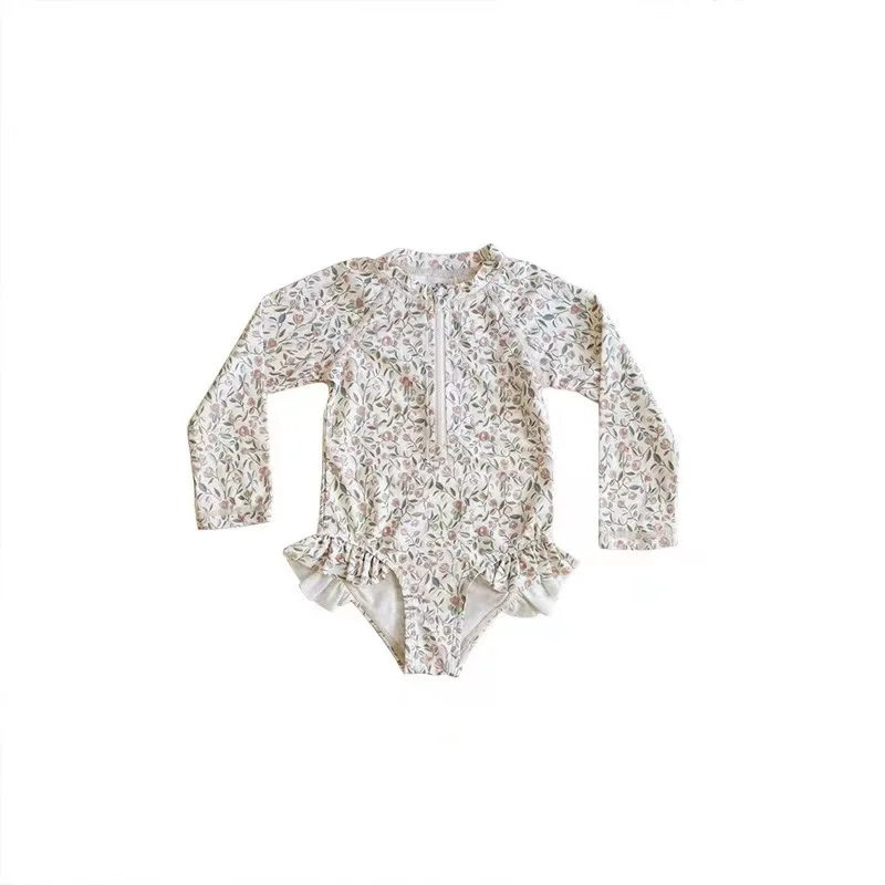 Flower Print Swimming Wear for Little Girls, Long Sleeved Swimsuits, UPF 50 + Sun Protection, High Quality