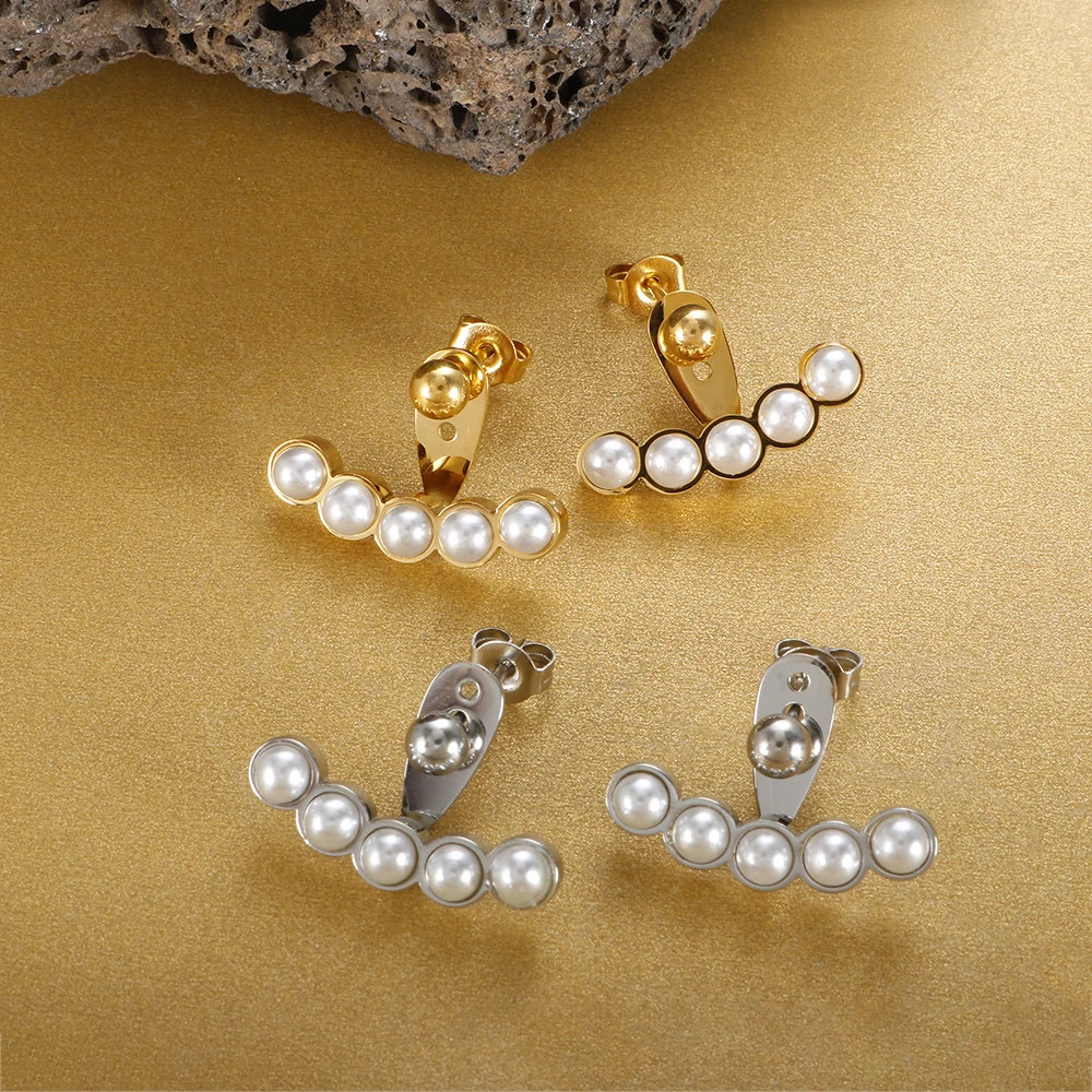 

French Pearl Stainless Steel PVD Gold Plated Stud Temperamental Earrings for Women Girl Wholesale Ear OL Trendy Jewelry Gift