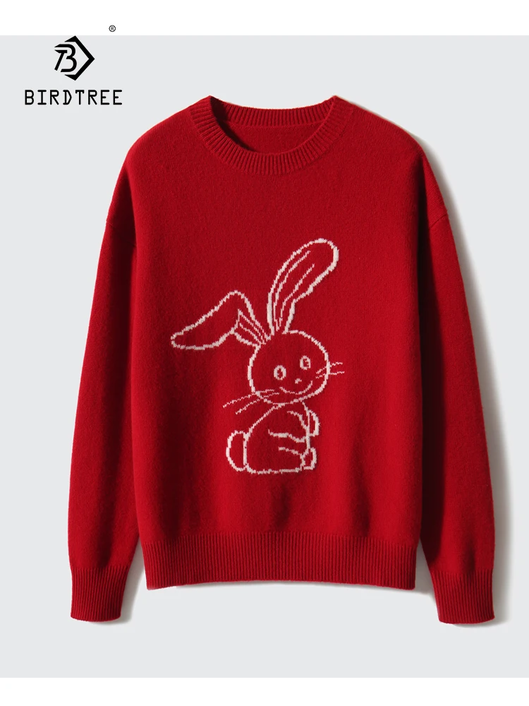 

Birdtree 10% Cashmere 90% Wool Little Rabbit Knitted Sweater Long Sleeve Round Neck Soft OL Sweater Autumn Winter New T3D408QC
