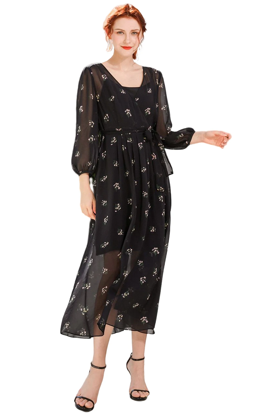 

Gowani Women's Summer V Neck Slim Fit Elegant Crepe De Chine Silk Romantic Floral Tie Dress