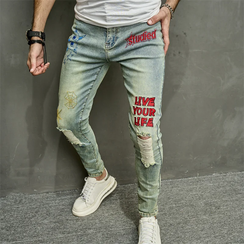 

Men's Skinny jeans Casual Slim Biker Jeans Denim Vintage Embroidery Knee Holes Distressed Scratched Pattern Words hiphop 10B10