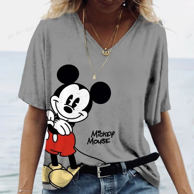 thumbnail image 1 of Camiseta holgada con estampado de dibujos animados de Disney Mickey Mouse para mujer, camisetas de verano de manga corta con cuello en V, camisetas kawaii, ropa femenina, 1 of 5