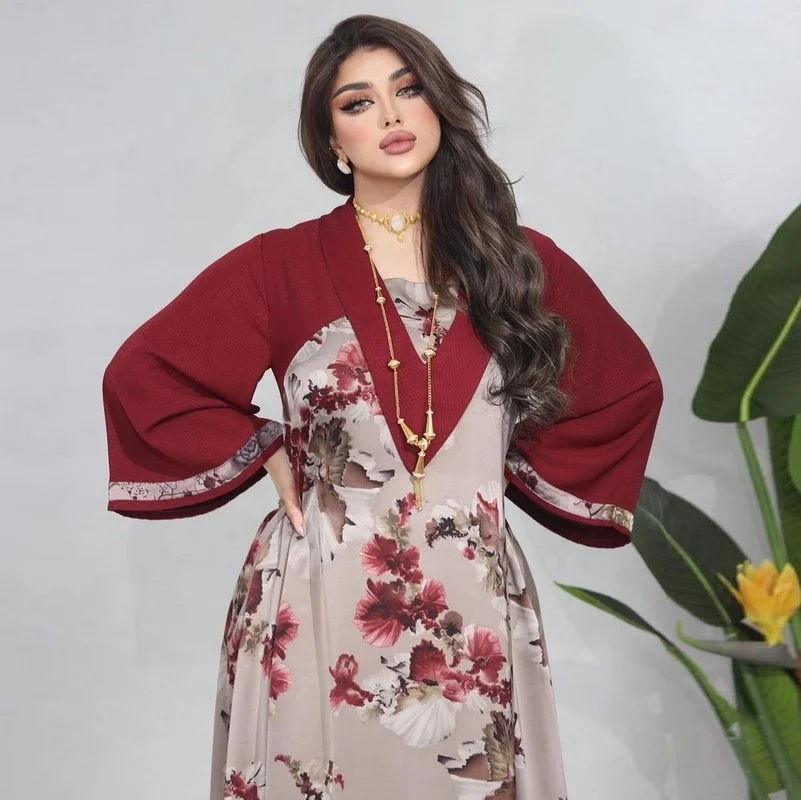 

Islam Abaya Dress Print Splicing Abayas for Women Loose Casual Maroon Women's Dress for Middle East Arabia