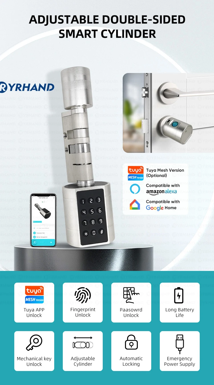 Euro Tuya APP Fingerprint Bluetooth Free adjustment Cylinder Smart Door Lock El