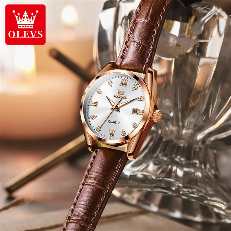 OLEVS Luxury Watches For Women Top Brand Luminous Date Leather Waterproof Quartz Ladies Watch Relogio Feminino Girl Gift