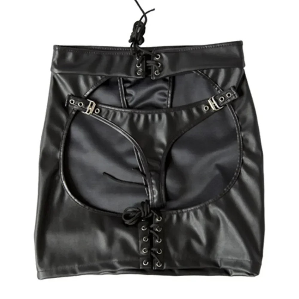 Vrouwen Sexy Lace Up Pvc Latex Bondage Spanking Rok G-string Fetish Bodycon Pakket Hip Rok Micro Mini Rokken S-XXL