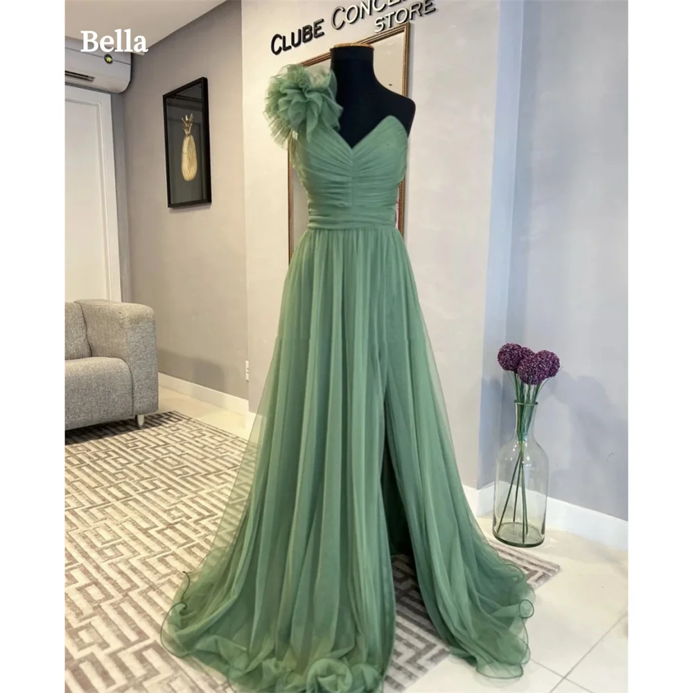 Vestidos largos de tul con escote en V y cinturón de satén Verde Oliva