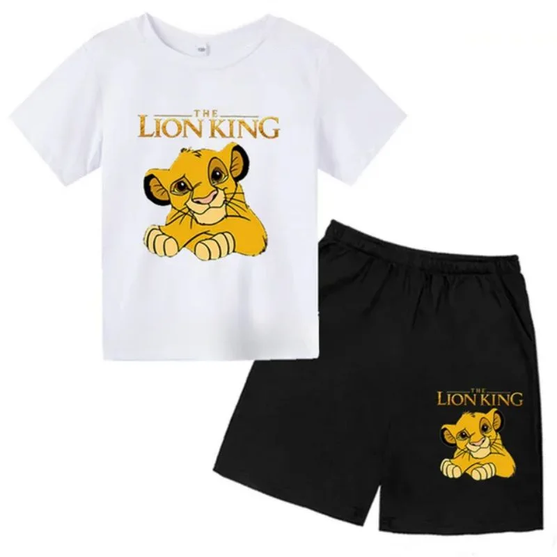 thumbnail image 1 of Conjunto de 2 piezas de camiseta y pantalones cortos con estampado de El Rey León Simba para niños y adolescentes, ropa informal de manga corta, traje de moda, 1 of 5