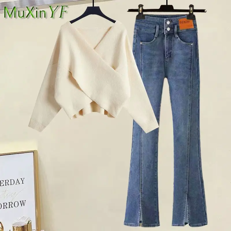 Women's Fashion Suit Korean Elegant Autumn Winter New V-Neck Long Sleeve Knitting Sweater Blouse+High Waist Jeans Two-piece Set