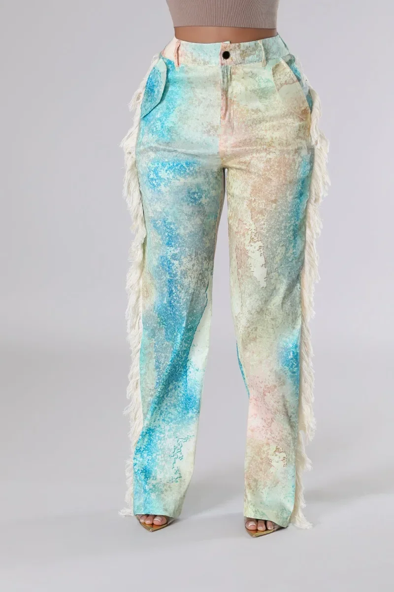 Side Tassel Print Women Casual Pants Button Fly Elastic High Waist Pockets Slim Straight Trousers Fashion Streetwear Bottoms