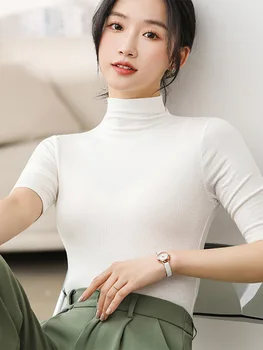 Half Turtleneck Milk Silk Tops Women Short Sleeve Slim T-Shirt Solid Color Basic Trend Bottoming Shirt High Street Women Blouse