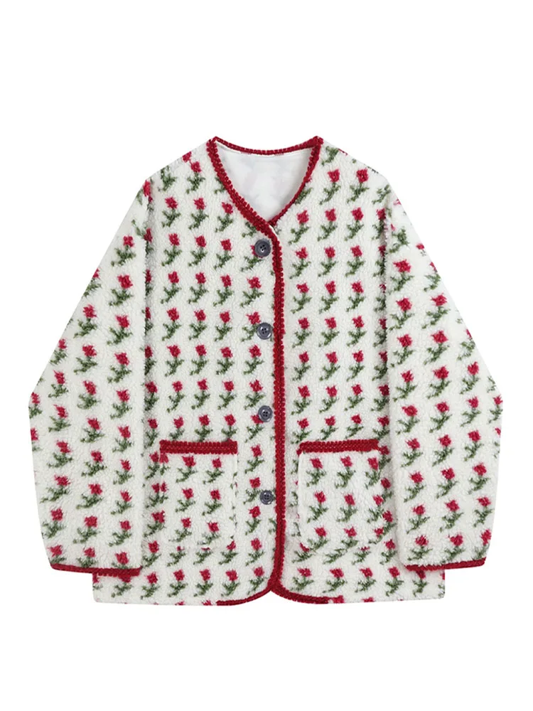 2022 Winter Women Lamb Wool Jacket Fleece Coat Sweet Floral Warm