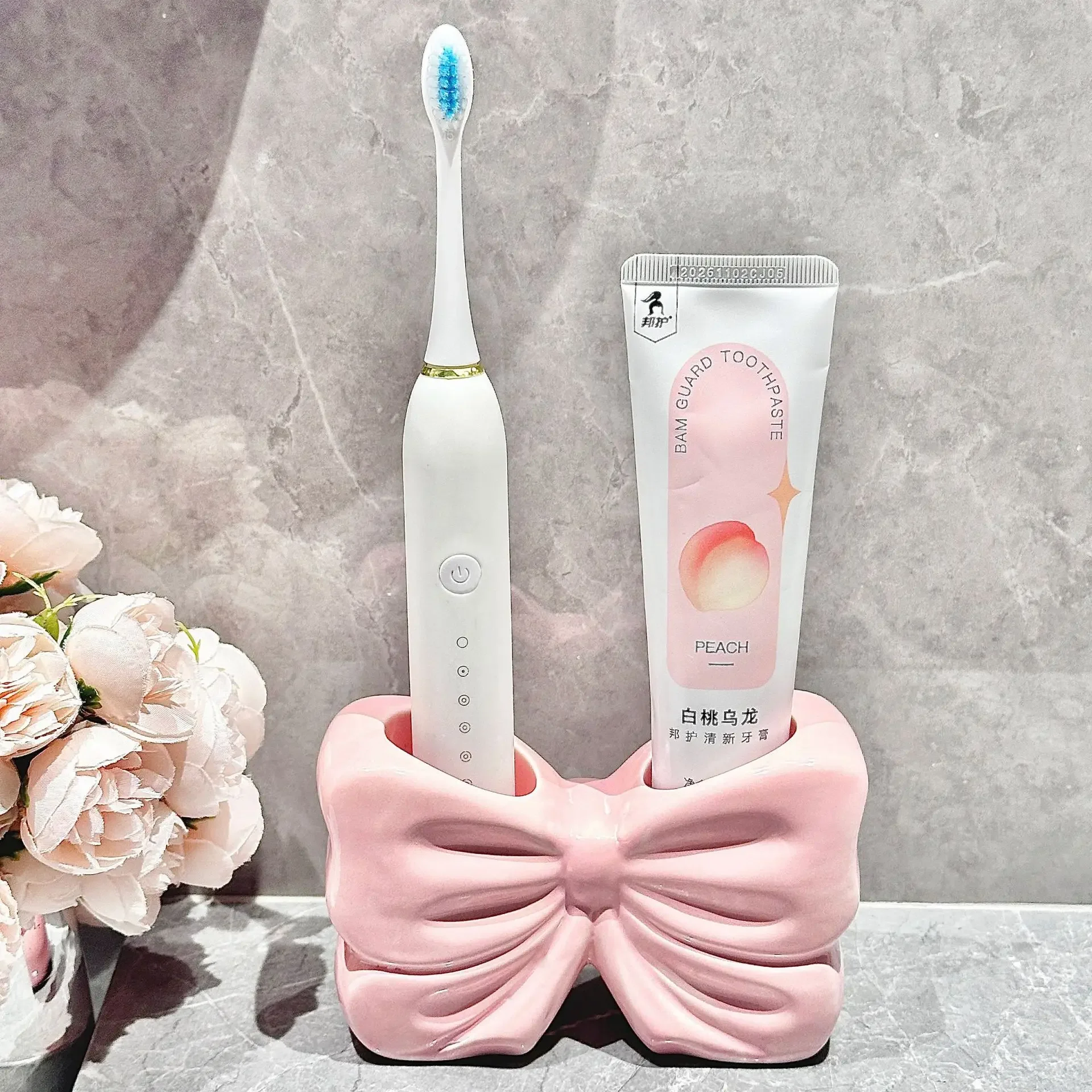 Creative Ceramic Bow Toothbrush Holder Toothpaste Storage Rack Bathroom Accessories