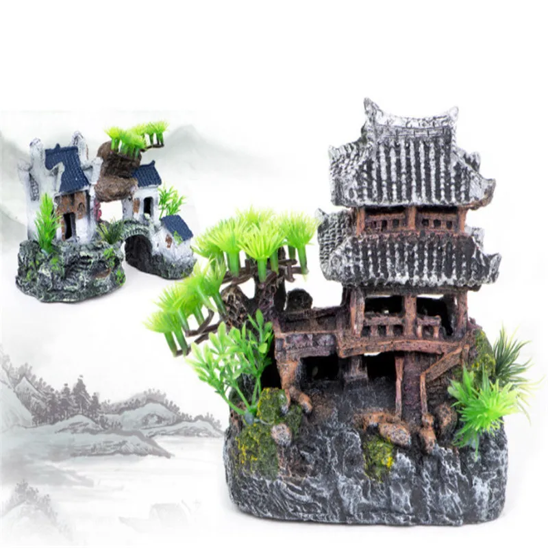 

Fish tank aquascape aquarium decoration aquascape resin house Jiangnan hut waterfront building cloud crane building