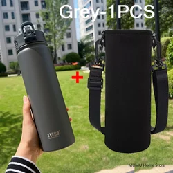 Insulated Stainless Steel Sports Thermos with Straw - 600/750ML - 750ML (Grey With Cup Bag)
