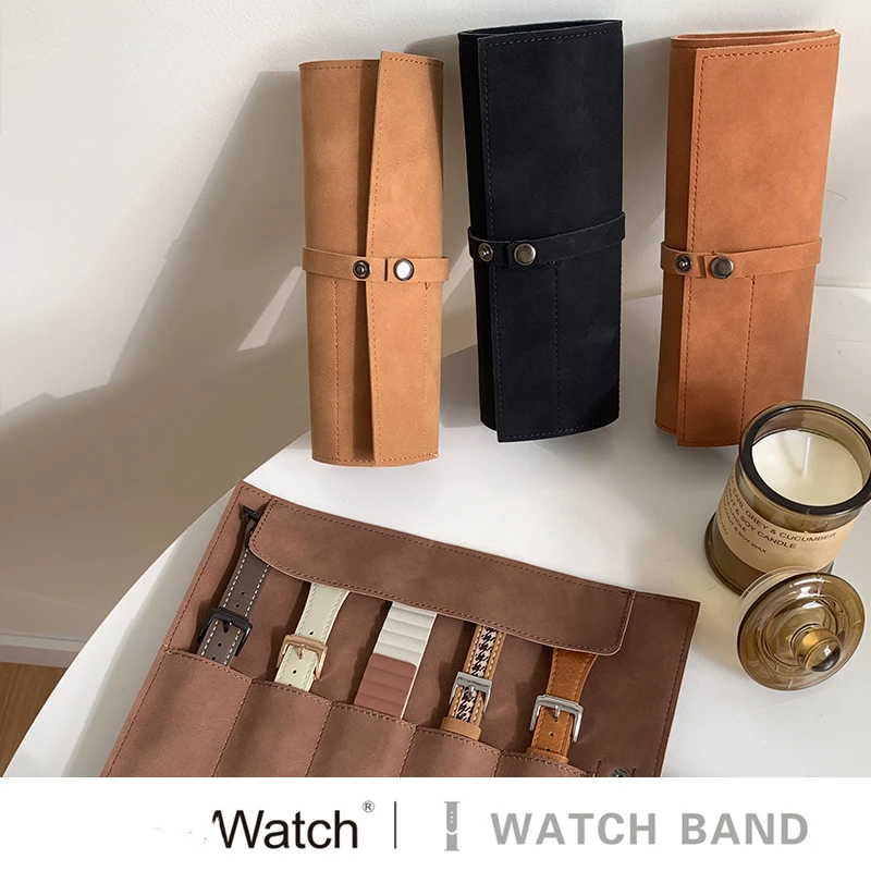 Luxury Vintage Watch Strap Roll Travel Case Frosted Leather Personalised Display Box 5 Slots Wrist Watches Jewelry Storage Pouch for watchband storage bag,watch storage pouch