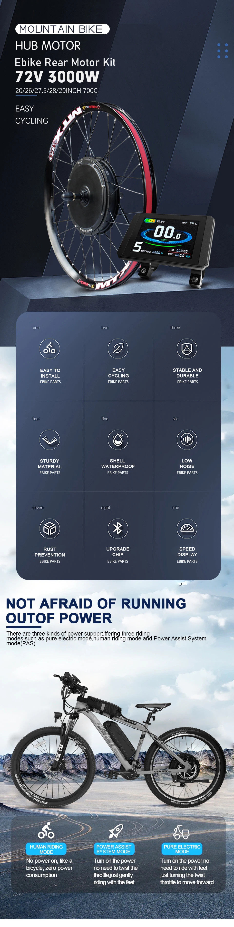 Description Picture 3 of item72V 3000W Electric Bike Conversion Kit Rear Rotate Wheel Hub Motor Dropout 135mm For E-Bike Conversion Kit 20/26/27.5/28/29inch
