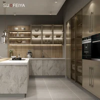 ชุดเฟอร์นิเจอร์ครัวแบบโมดูลาร์สีทองหรูหราทันสมัย พร้อมตู้เก็บของบานกระจก รวมอุปกรณ์อ่างล้างจาน-โครงสร้าง MDF 3