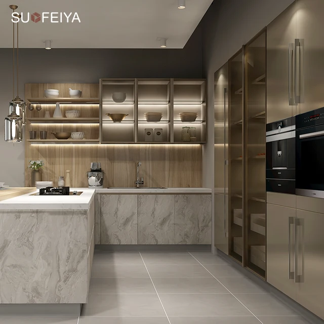 ชุดเฟอร์นิเจอร์ครัวแบบโมดูลาร์สีทองหรูหราทันสมัย พร้อมตู้เก็บของบานกระจก รวมอุปกรณ์อ่างล้างจาน-โครงสร้าง MDF 3