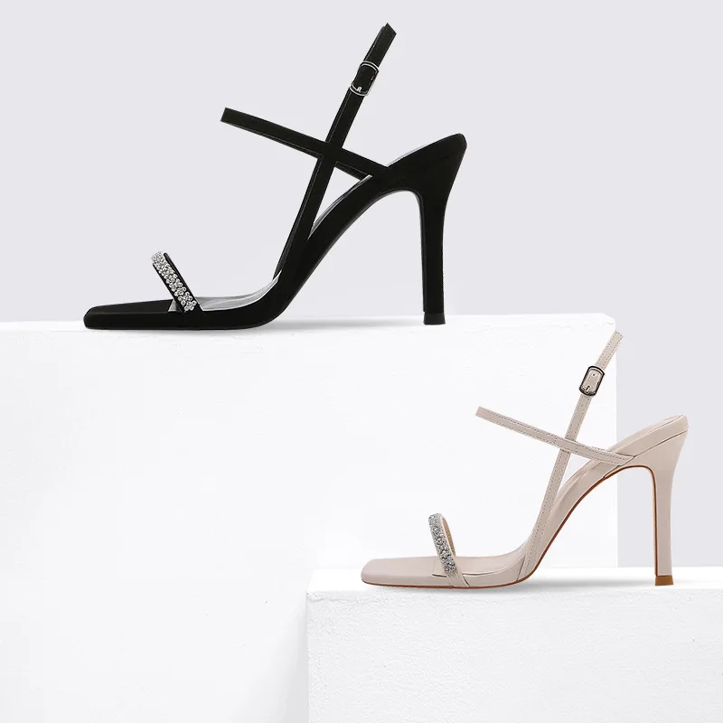 

2023 New Autumn Slim Heel Sandals Women's Black Rhinestone Button with Korean Network Red High Heels Women's Shoes Women's High