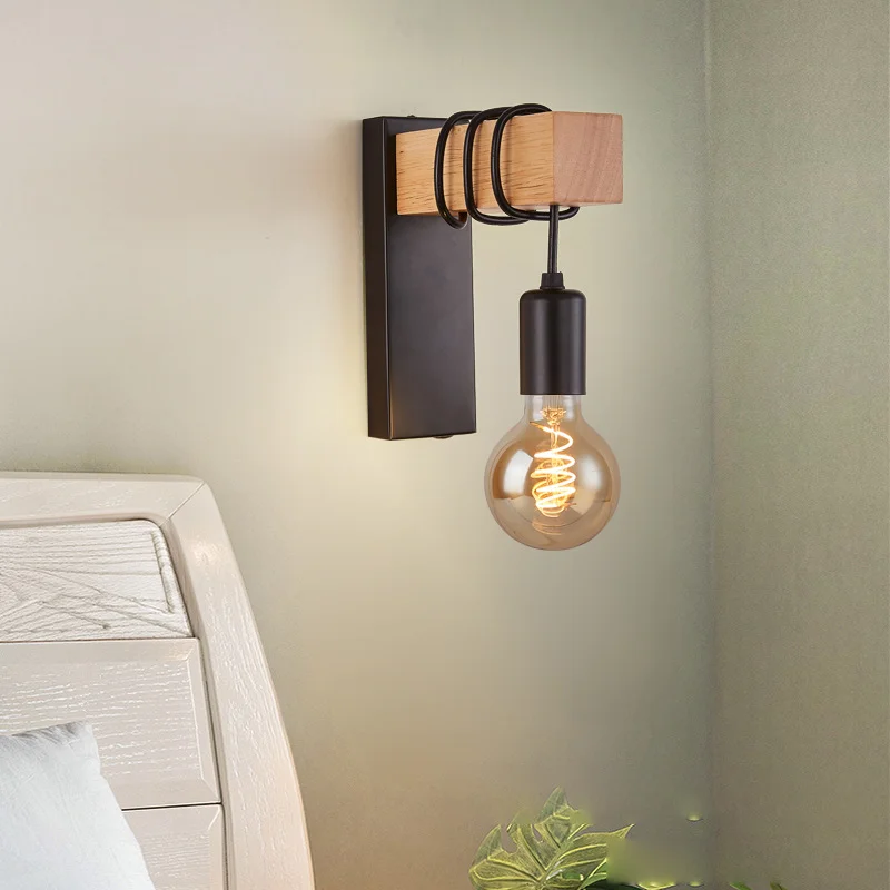 

Retro Industrial Iron Wood Wall Lamp E27 Modern Nordic Indoor Sconce Wall Light Fixture for Home Decor Bedside Bedroom Lighting