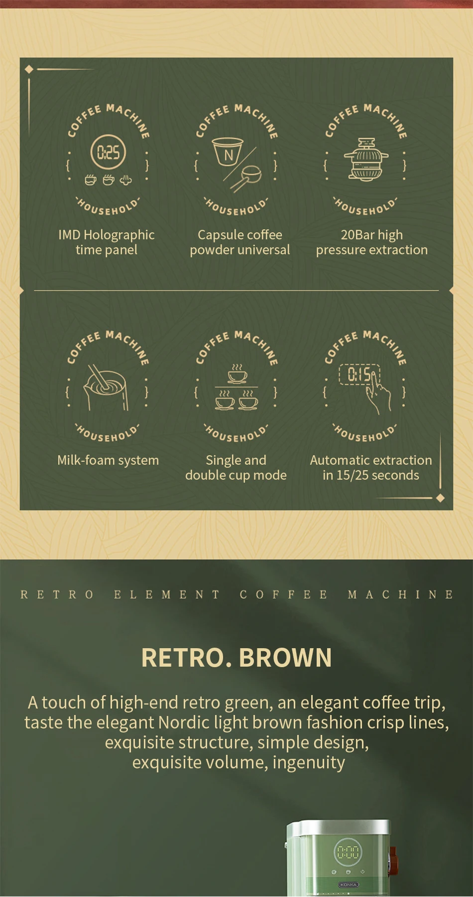 Description Picture 5 of item2024 New Konka Italian coffee machine semi-automatic home commercial capsule coffee machine extracts steam to whip milk