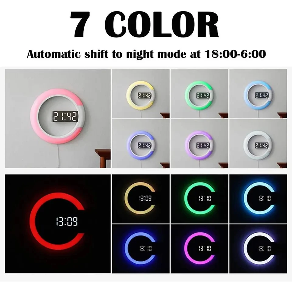 USB 3D Wall Clock with Night Light Digital Table Clock Alarm Mirror Hollow Lamp for Home Living Room Decor