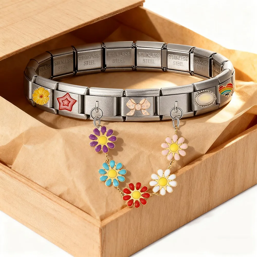 � 9mm Mode Daisy Teufelsauge Bunte Stein Runde Herz Kette Italienischen Charme Edelstahl Armband Link Herstellung Von Schmuck DIY – Detail 4
