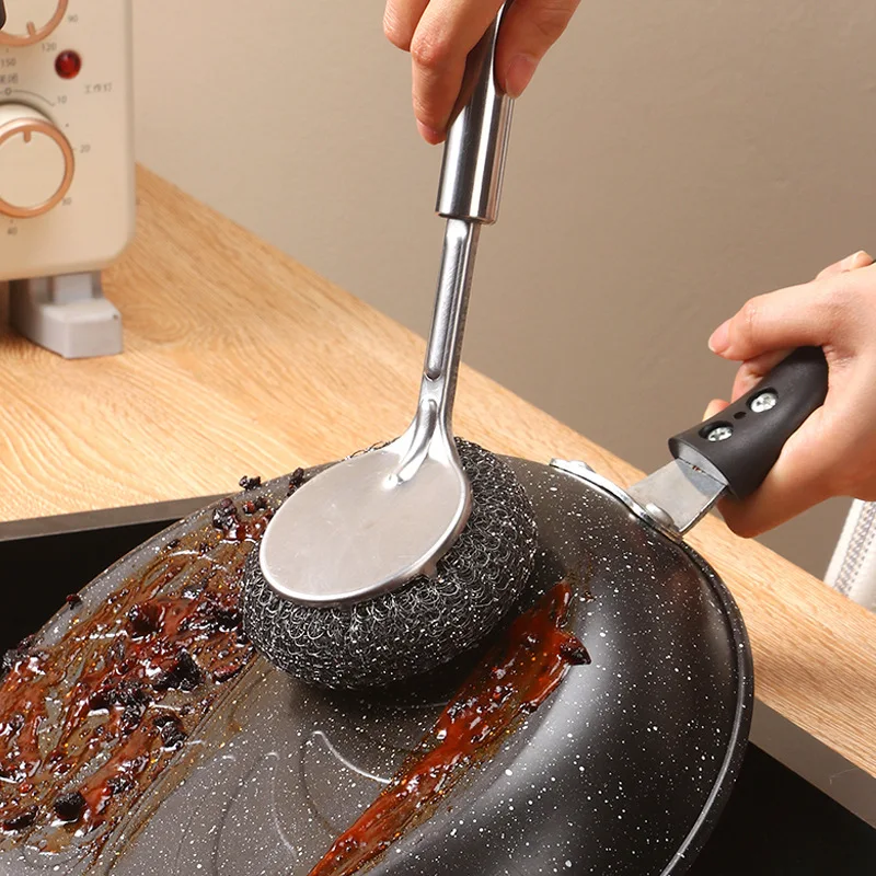 Stainless Steel Wire Ball Brush Hanging Long Handle Bowl Pot Sink Brush Oil Remover Scrubber for Household Kitchen Cleaning Tool