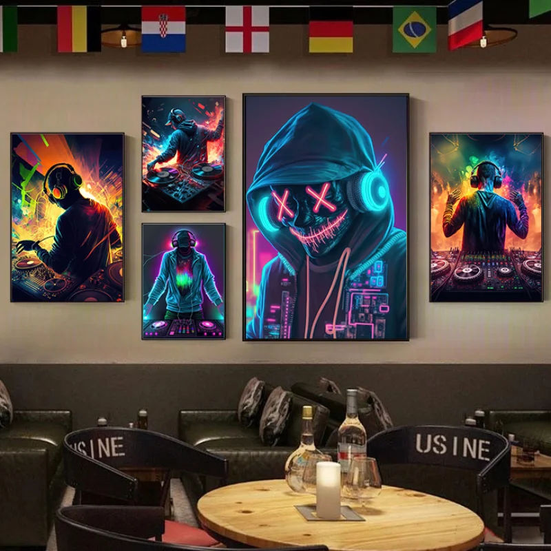 NeonDJArtInstrumentMixerCanvasPaintingNordicStyleColorfulPunkPosterWallConsole