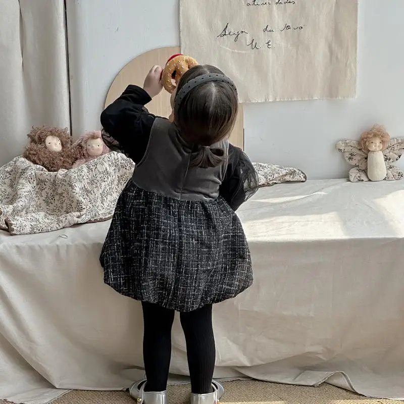 Baby Girl Black Bow Vest Dresses Girls Sisters Rompers Autumn Winter Sweet Dress Korean Infant Birthday Baptism Clothes