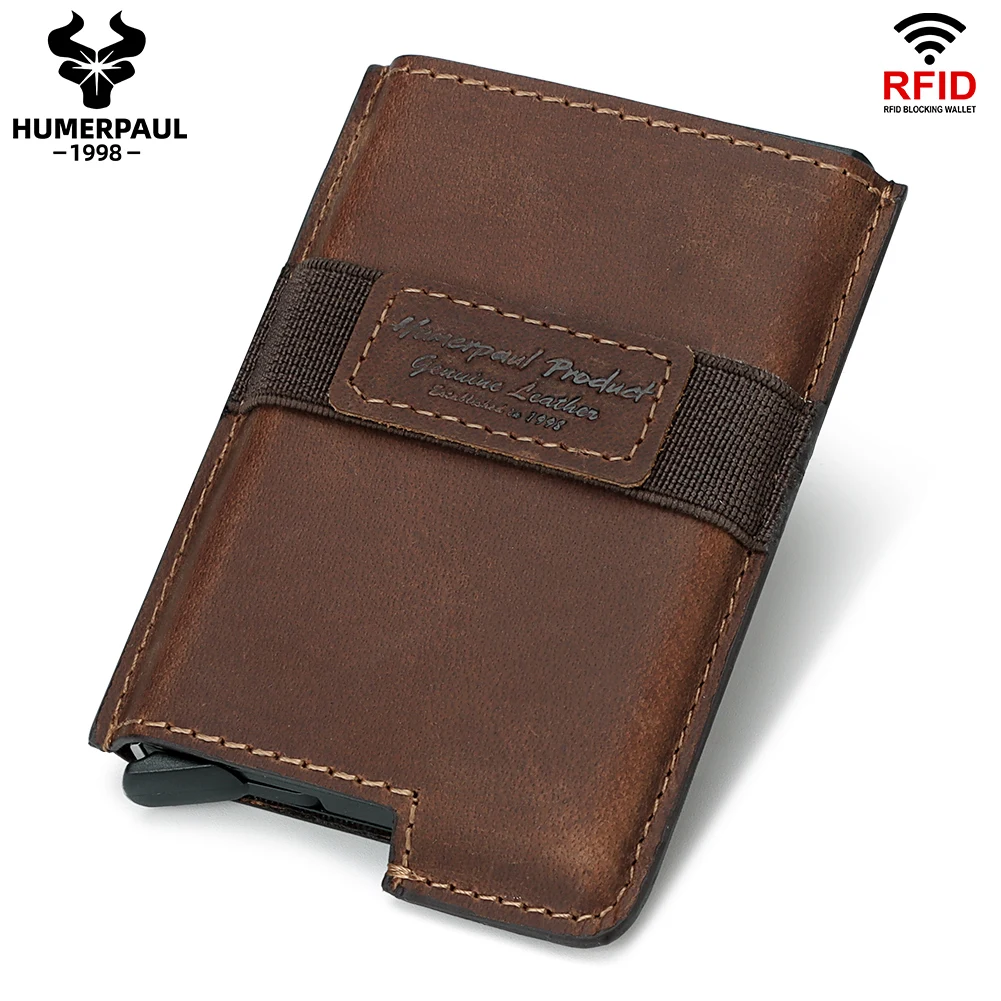 HUMERPAUL-cartera delgada para tarjetas de crédito para hombre, caja de tarjetas de aluminio emergente de cuero auténtico con bloqueo RFID, Clip para dinero inteligente