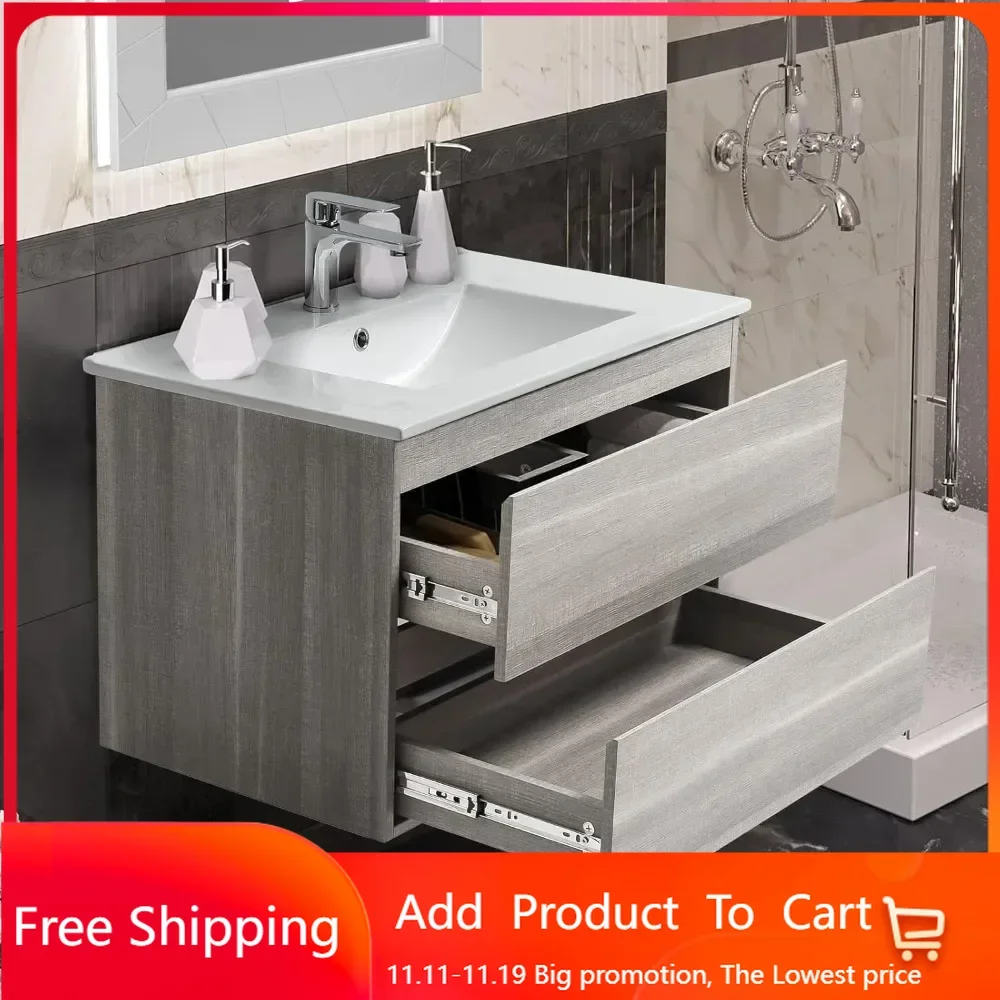 Bathroom Vanity Wall Mounted Floating Vanity Two Drawers Storage Cabinet with Ceramic Integrated Sink