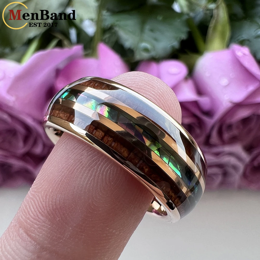 MenBand Fashion 8MM Men Women Black Tungsten Carbide Wedding Ring Abalone Shell And Koa Wood Inlay Domed Polishing Comfort Fit