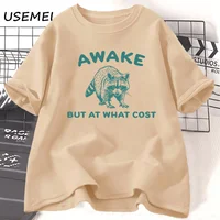 Awake But At What Cost T-Shirt Women Men Retro Funny Raccoon T Shirt Vintage Trash Panda Tshirt Funny Cotton Short Sleeve Tees 1