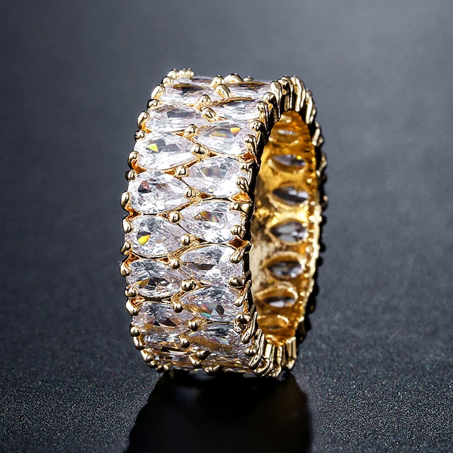Handmade Eternity Promise Gold Crystal Ring AAA CZ Zirconia Engagement Wedding Band Rings for Women Men Finger Party Jewelry S