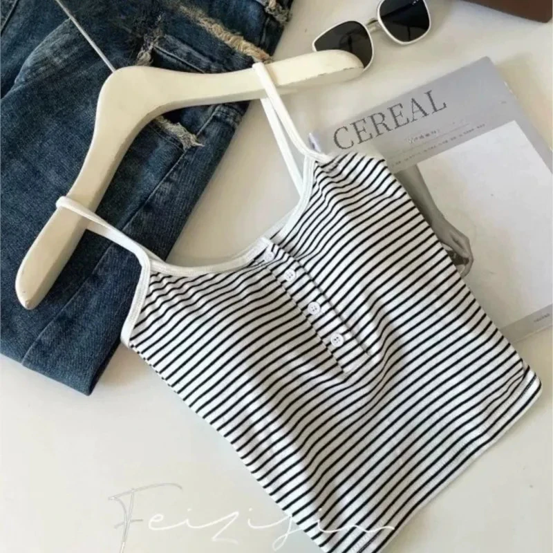 White Stripe Slim Fit Cami Top with Chest Pad