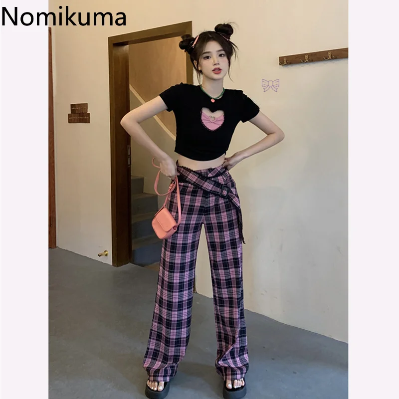 

Nomikuma Pantalones De Mujer Spring Summer High Waist Wide Leg Plaid Pants Women Vintage Fashion Casual Sexy Trousers Women