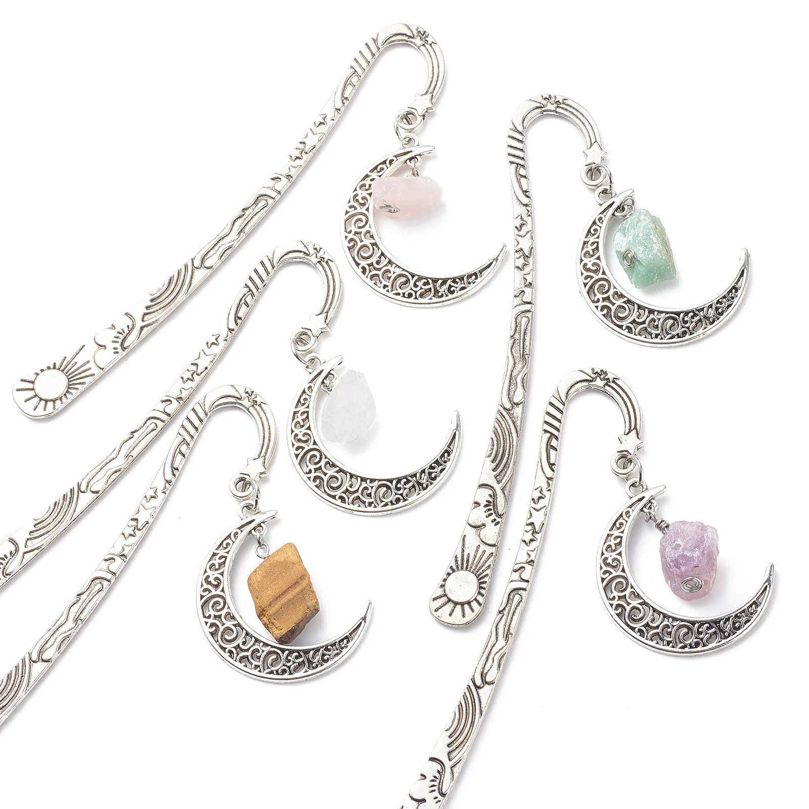 

15pcs Raw Stone Moon Charms Pendant Bookmark Clear Quartz Gemstone Creative Page Holder Stationery Decor Gift