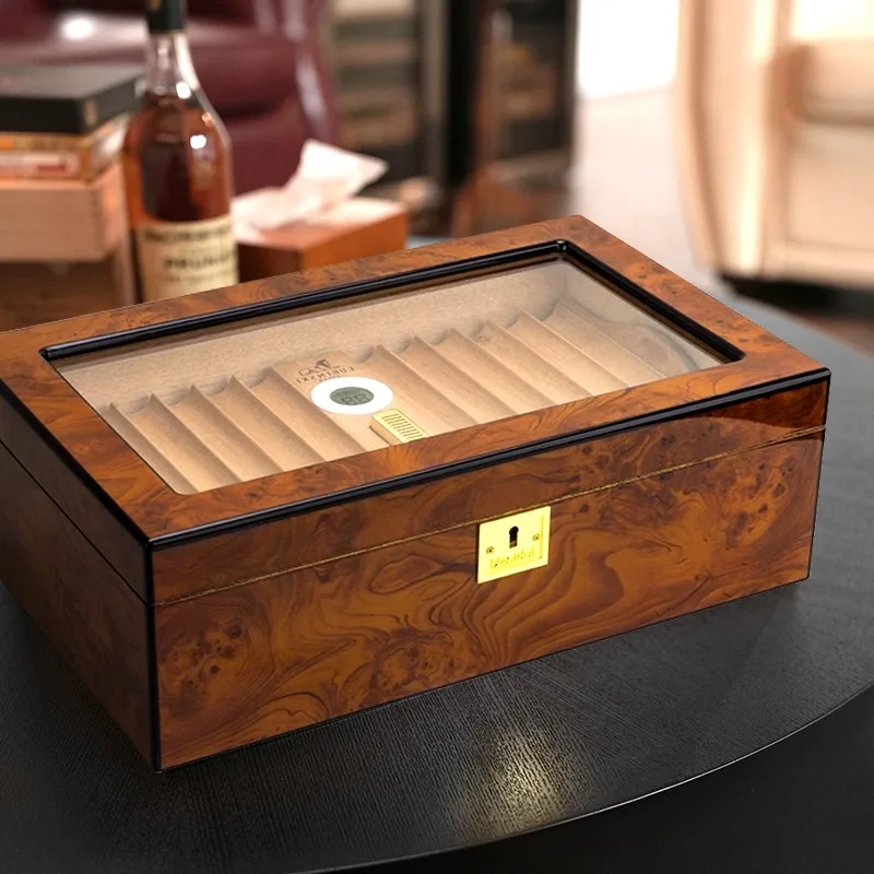 

Glass Top Portable Cedar Humidor Double Layer Cigar Humidifier Storage Box With Hygrometer, Holds 50 Cigars, Rosewood Finish