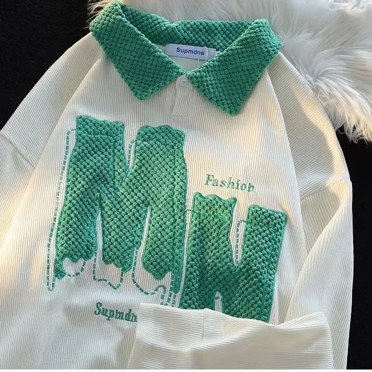 

American letter embroidery POLO collar sweatshirt for men and women spring and autumn niche casual college style couple ins top