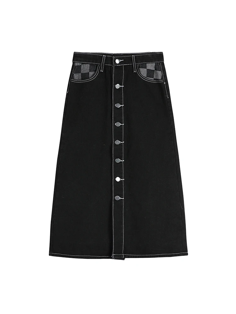 

Harajuku Skirts Women Mid-Calf Korean Fashion Preppy Style Casual Vintage Single Breasted High Waist Simple Black A-Line Skirt