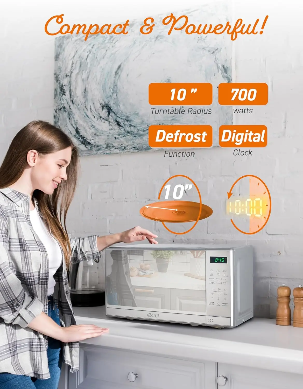 CHEF 0.7 Cu Ft Microwave with 10 Power Levels, 700W Microwave with Digital Display, Countertop Microwave with Child S 4