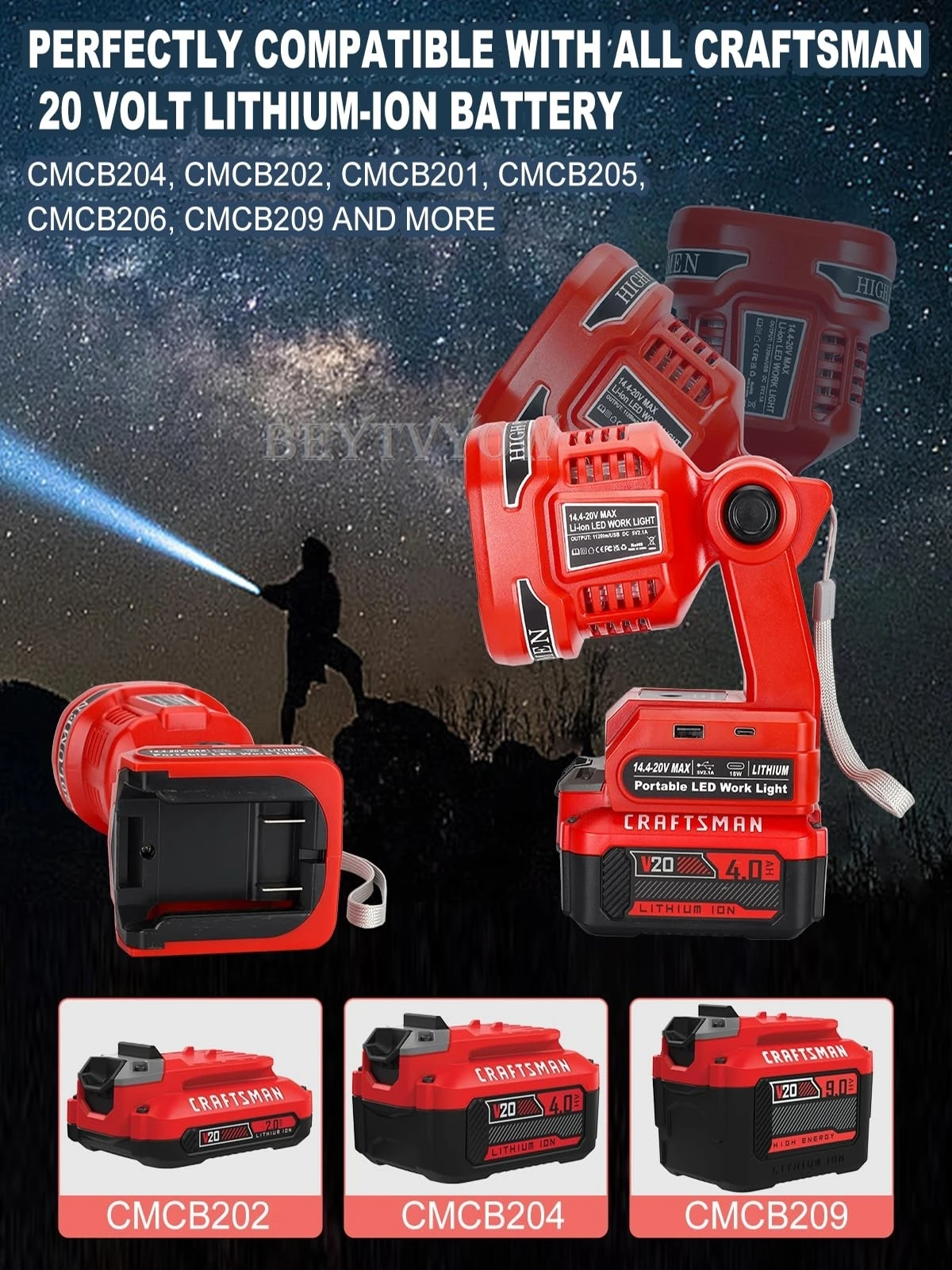 Portable Flashlight for Craftsman V20 Battery 1120LM LED Work Light Cordless Flo