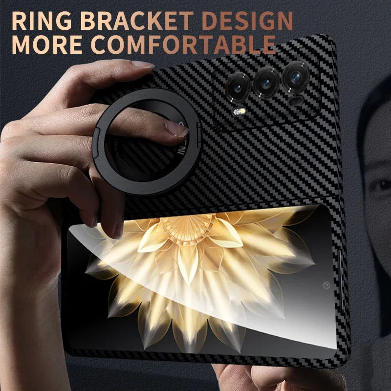 Matte Anti-Fingerprint Carbon Fiber Grain Magsafe Case For Honor Magic V2 Ring Holder Bracket Magnetic Wireless Protection Cover