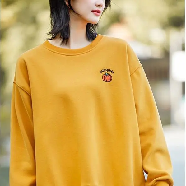 Sweatshirt Spring autumn Korean preppy small pumpkin embroidery O-neck shirt men women velvet thickening outer loose tops