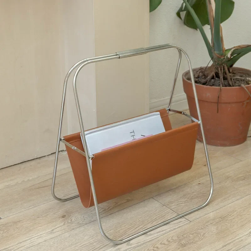 Foldable Vintage Magazine Rack, Stainless Steel and Leather Book Stand, Retro Newspaper Organizer for Living Room