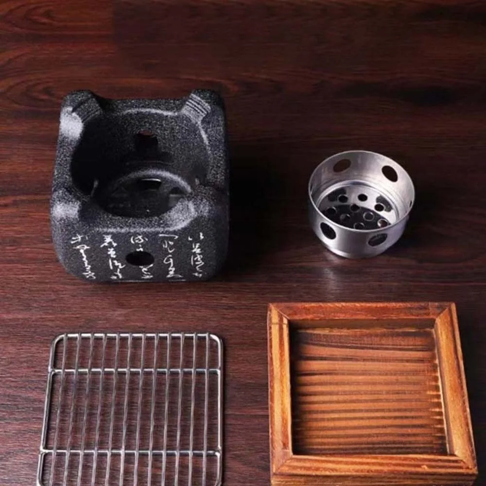 Japanese Style Charcoal Stove Aluminium Alloy with Grill Net Portable Charcoal Grill Carbon Stove Mini Square Text Stove Outdoor