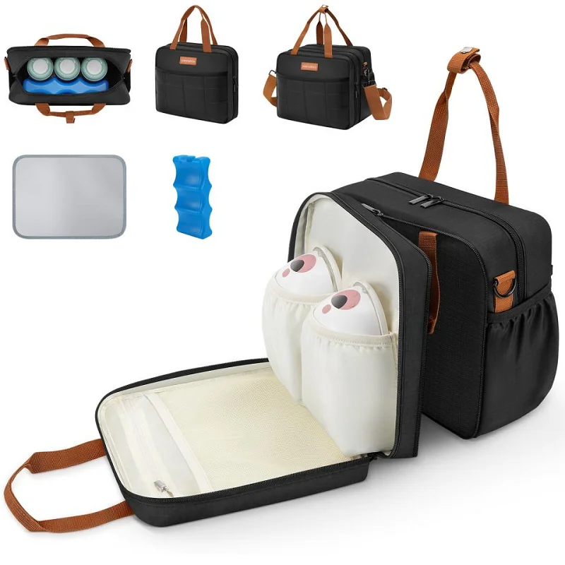Detachable Breast Pump Bag with Ice Pack Double Layer Portable Breast Milk Cooler Travel Bag Compatible for Wearable Breast Pump