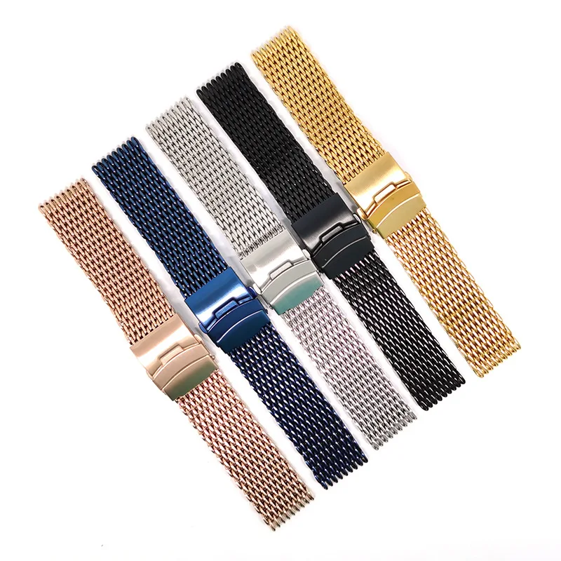Thicken Stainless Steel Mesh Watch Band 18/20/22/24mm Universal Strap Double Press Folding Metal Clasp Mens Shark Replacement
